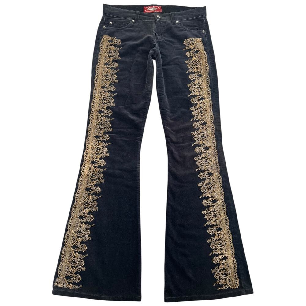 Vintage Y2K San Souci Black Velvet Gold Beaded Low Rise Flare Pants USA Medium